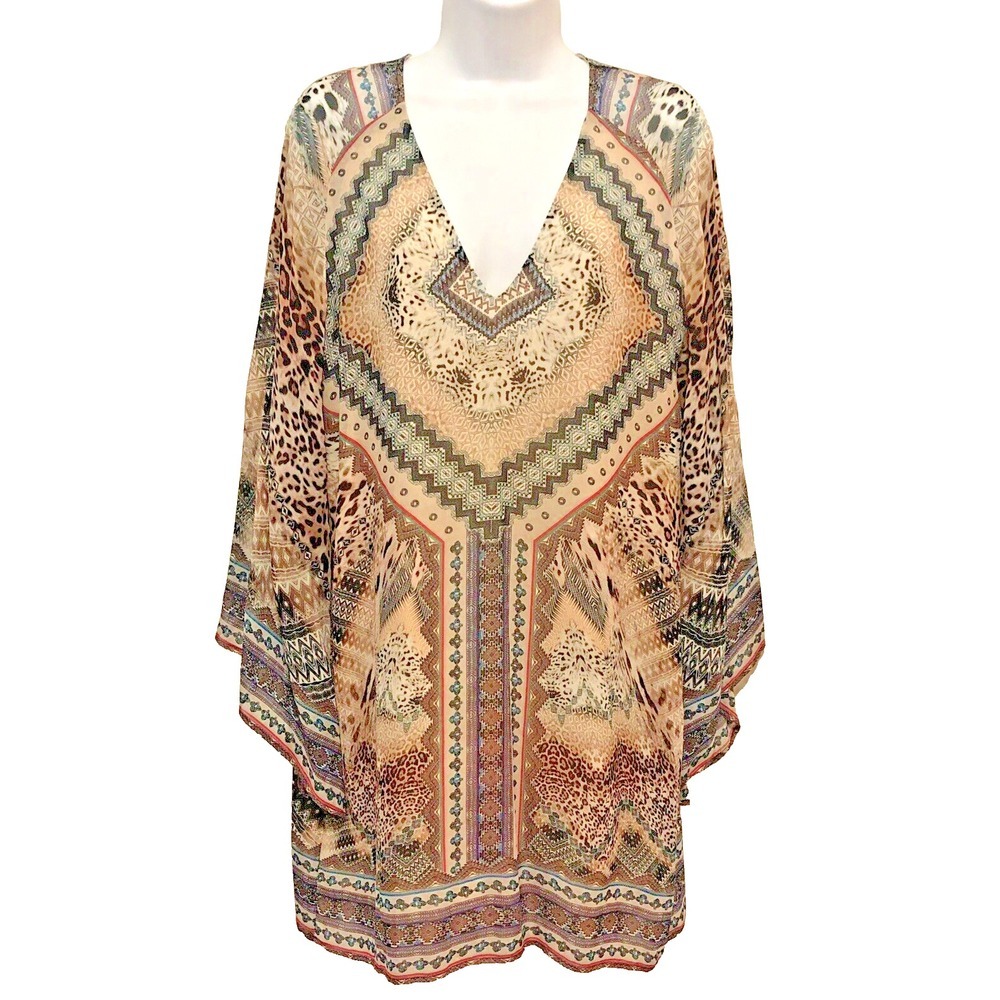 Lavender Brown‎ Women's M Animal Print Long Bell Sleeve V neck Shift Dress Boho